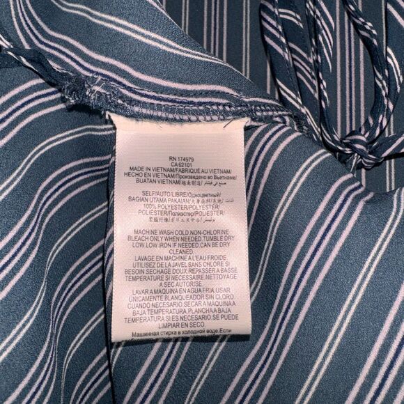 BCBG MaxAzria Blouse Sz S Midnight Teal Asymmetrical Wrap White Pink Stripes - Picture 4 of 7